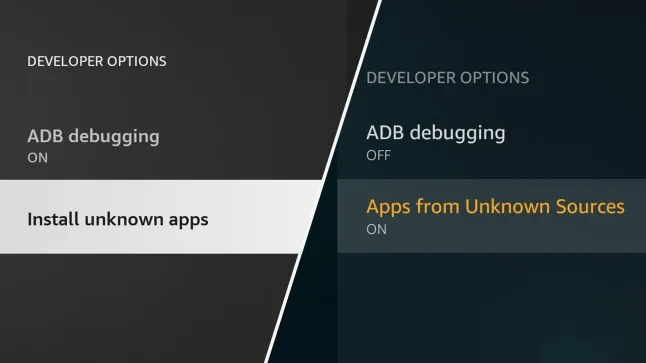 Firestick-instellingenscherm met Apps van onbekende bronnen ingeschakeld