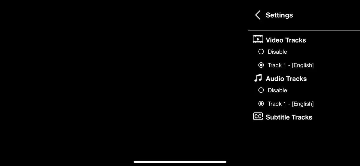 Instellingenmenu in het afspeelscherm met de secties Video Tracks, Audio Tracks en Subtitle Tracks