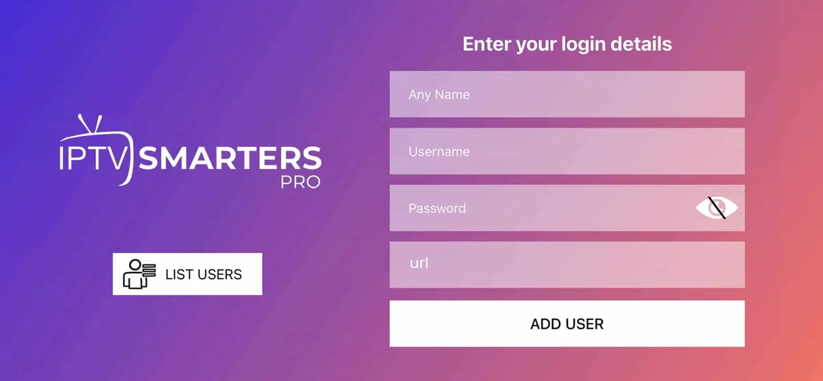 Smarters Pro inlogscherm met de vier velden zichtbaar